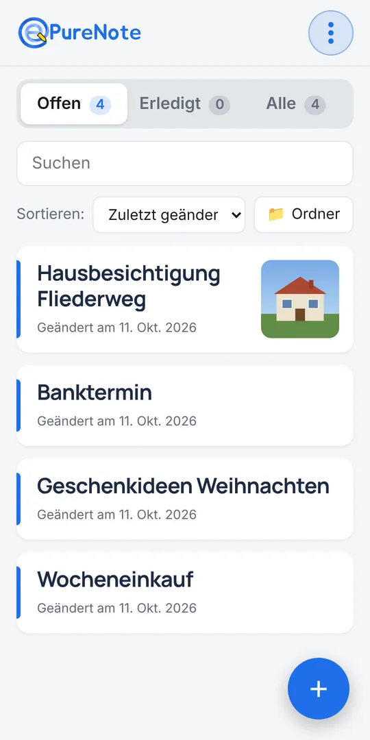 Notizliste von ePureNote auf einem Telefon
