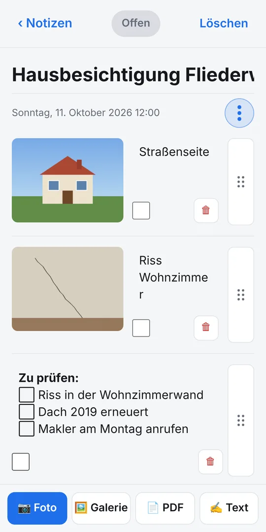 Eine ePureNote-Notiz mit zwei kommentierten Fotos und einer Checkliste