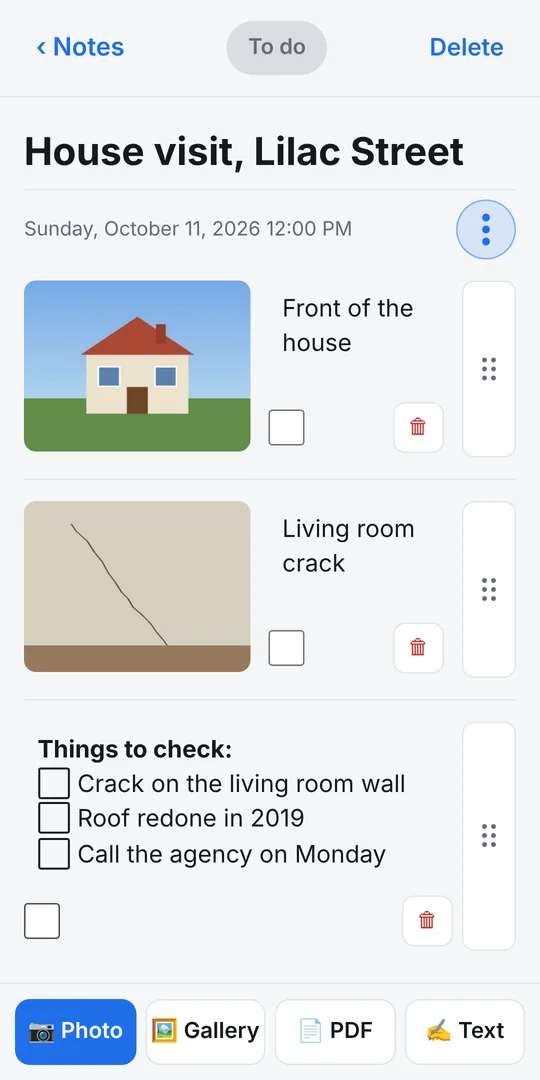 An ePureNote note with two commented photos and a checklist