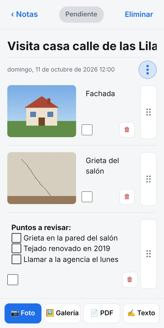 Una nota de ePureNote con dos fotos comentadas y una lista de verificación