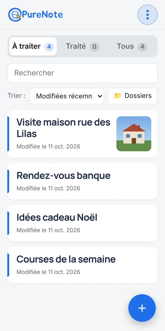 Liste des notes ePureNote sur un téléphone