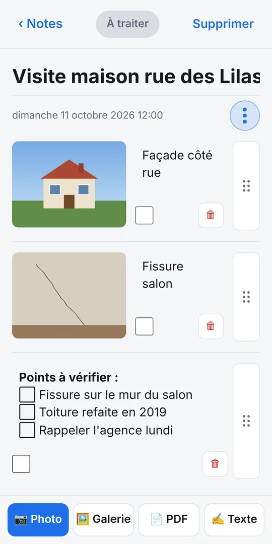 Une note ePureNote avec deux photos commentées et une liste à cocher